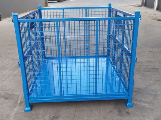 comprar Container de aço dobrável empilhável com proteção de malha em cor azul para armazenamento de produção de material Fabricação em linha