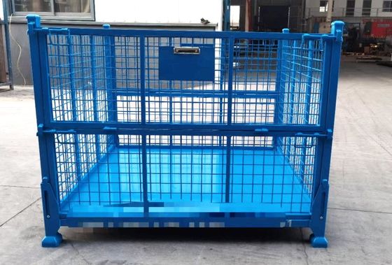 Container de aço dobrável empilhável com proteção de malha em cor azul para armazenamento de produção de material