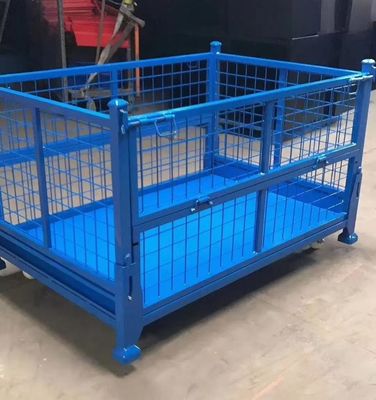 Container de aço dobrável empilhável com proteção de malha em cor azul para armazenamento de produção de material