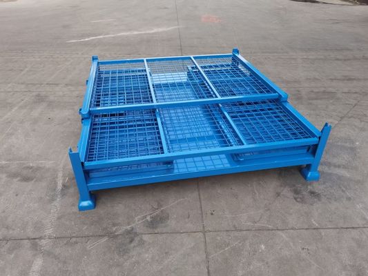 Container de aço dobrável empilhável com proteção de malha em cor azul para armazenamento de produção de material